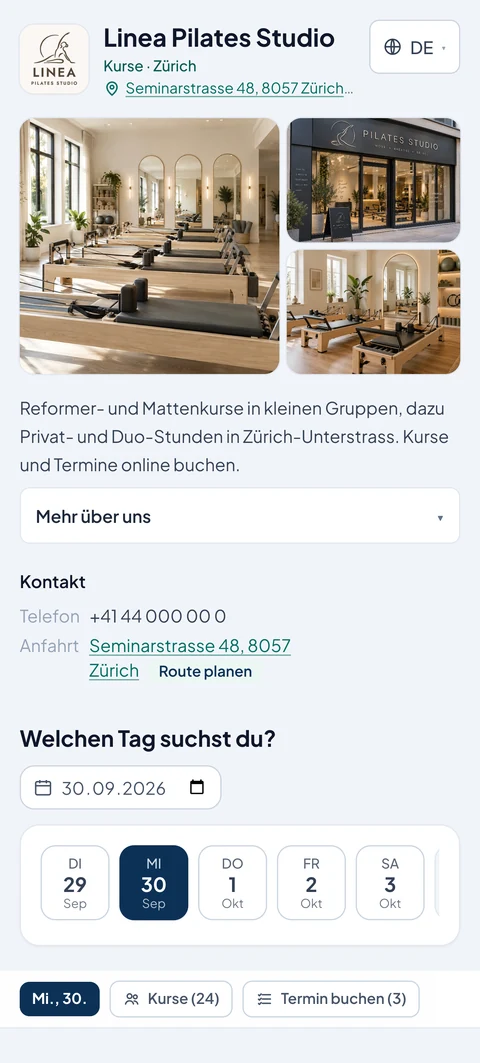 Buchungsseite eines Pilates-Studios am Handy: Logo, Fotos von innen und aussen, darunter die Datumsleiste für freie Termine.